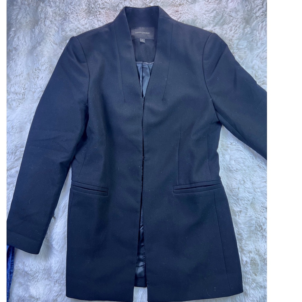 Banana Republic Black Collarless Open Front Longline Blazer Jacket Womens 4 A40